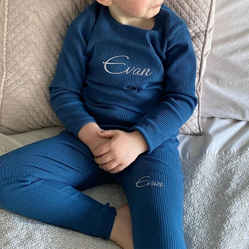Kids Clothes Set Winter Warm Kids Clothes Ribbed Knitting Pajamas Solid Cotton Casual Infant Set Baby Boy Girl Lounge Sleepwear