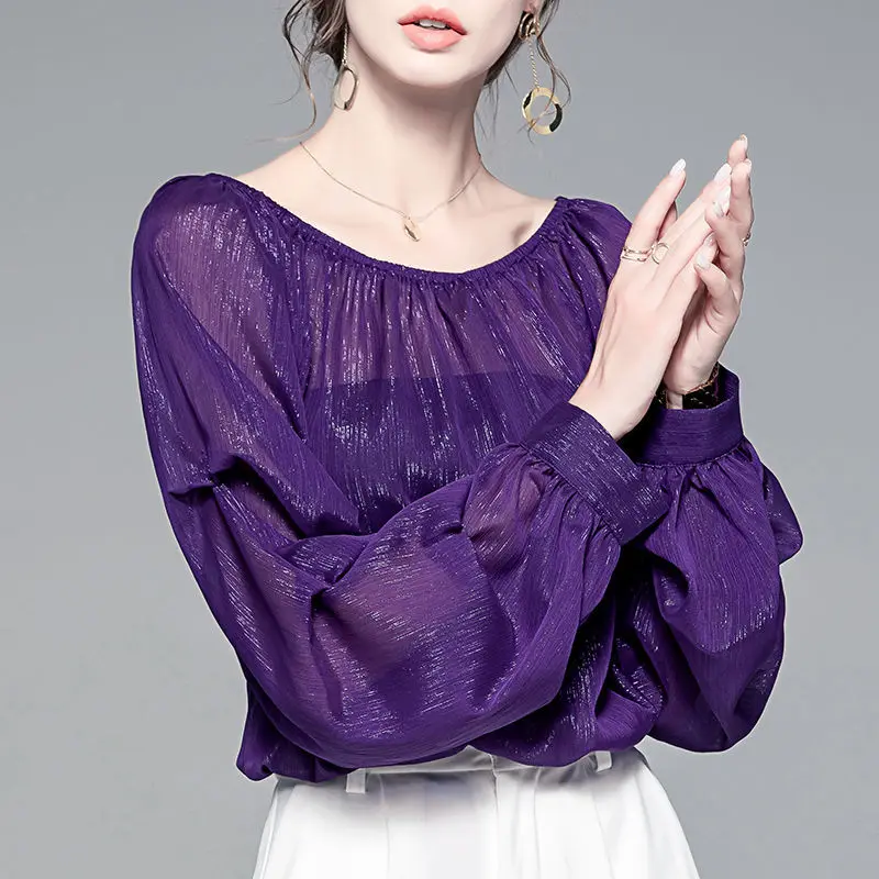 Elegant Fashion Puff Sleeve Bright Silk Chiffon Blouse Women Clothing 2024 Spring New Sexy Slash Neck Loose Casual Shirt Female