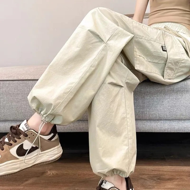 Spring Autumn Women's Solid Pockets Drawstring Elastic High Waist Ankle Tied Lantern Work Clothes Casual Trousers Vintage Pants