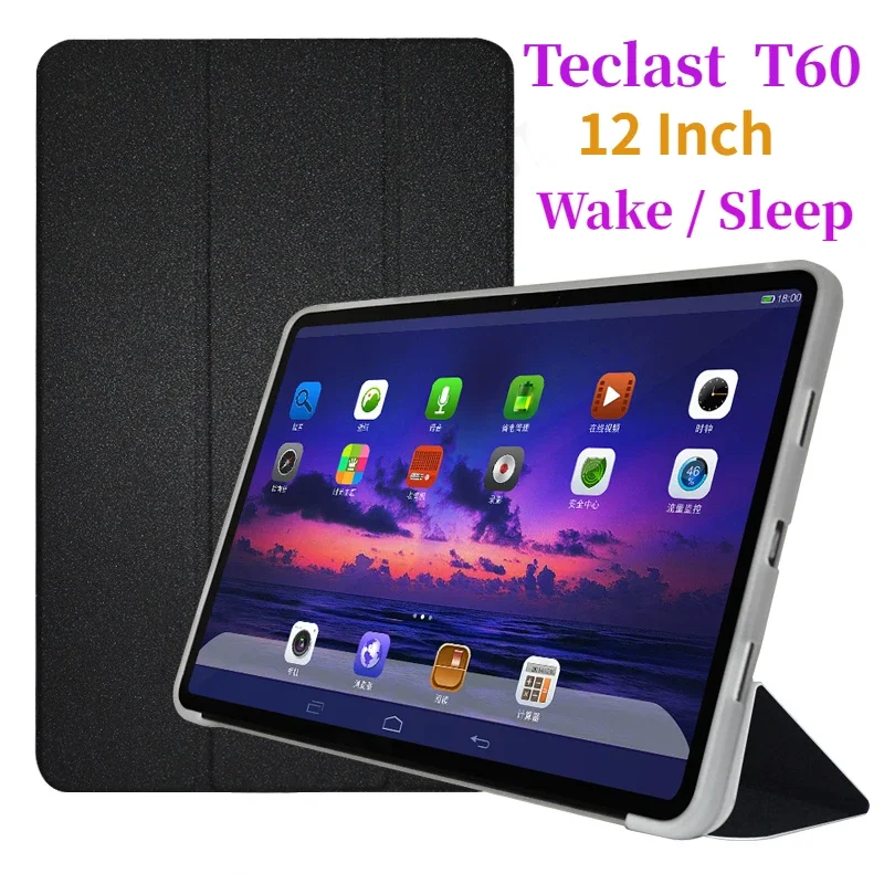Capa de Suporte Tri-dobrável para Teclast T60 Tablet de 12 pc Couro Fólio pu Funda com Casca Traseira Tpu Sono Automático Inteligente Despertar