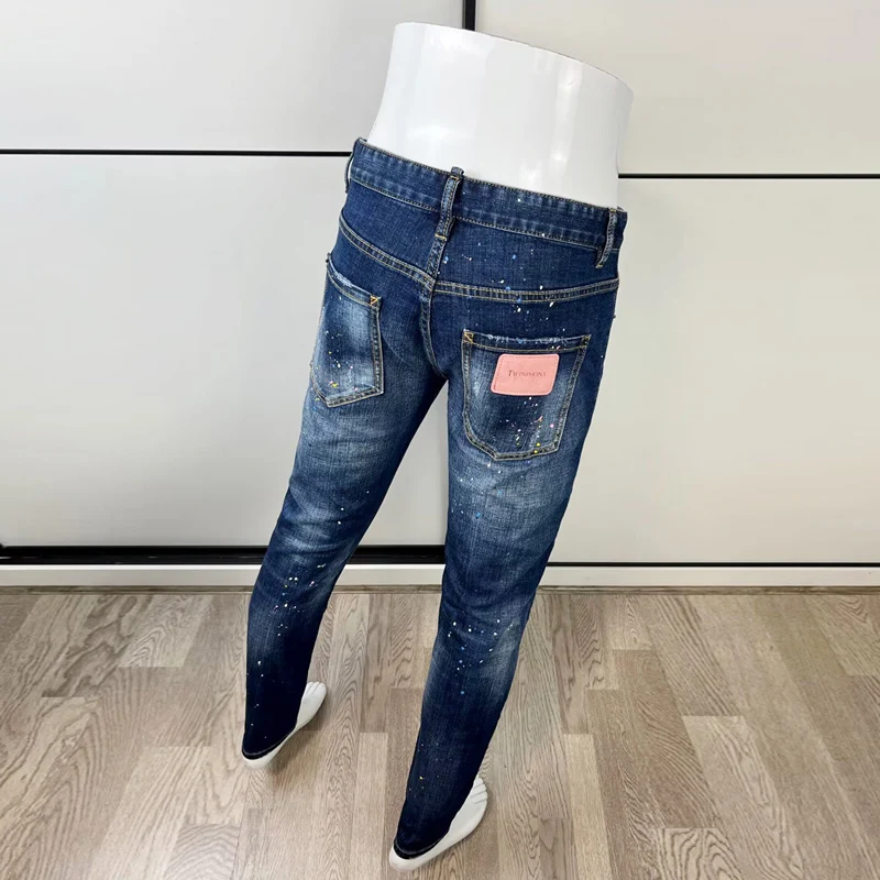 Fashion Streetwear Men Jeans Retro Blue Elastic Slim Fit Patched Ripped Jeans Men Painted Designer Hip Hop Brand Pants Hombre
