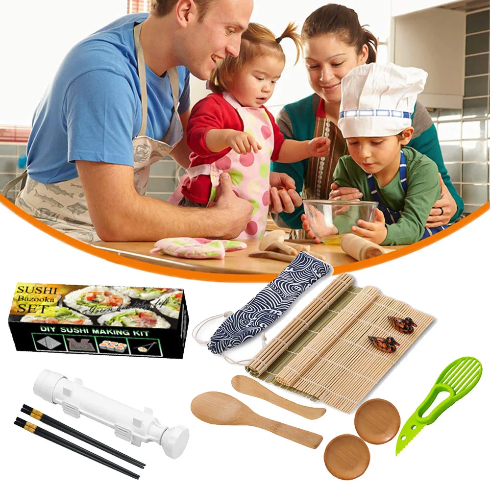 

Sushi Maker Kit 11Pcs/Set Bazooka Maker with Bamboo Mats Japanese Rice Ball Cake Roll Mold DIY Sushi Roller Machine Kitchen Tool