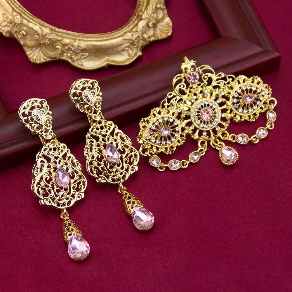 Moroccan Jewelry Caftan Brooch Earring Sets Gold Color For Women Arabic Wedding