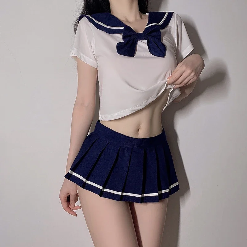 

Women Sexy Lingerie Student Uniform Cute School Girl Role Play Costume Crotchless Mini Pleated Skirt Erotic Cosplay Porno JK Set