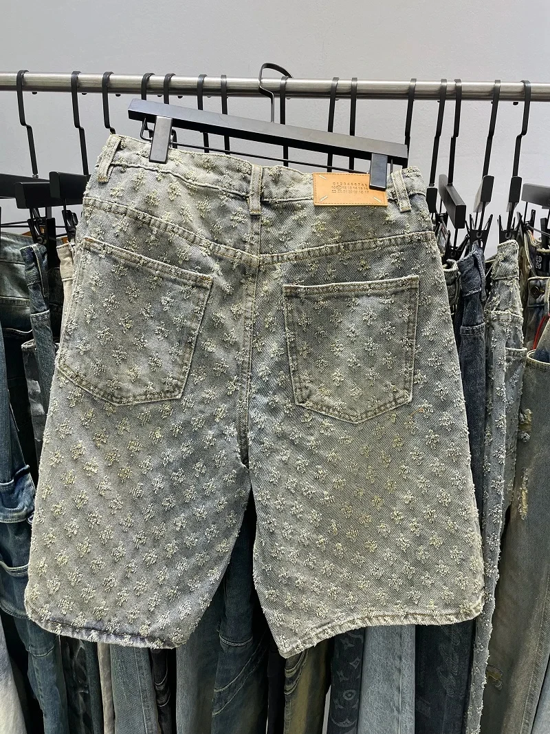 Fashion Casual Summer Light Blue Distressed Men Denim Shorts Smart Straight Leg Loosen Male High Street Niche Design Tide Shorts 2