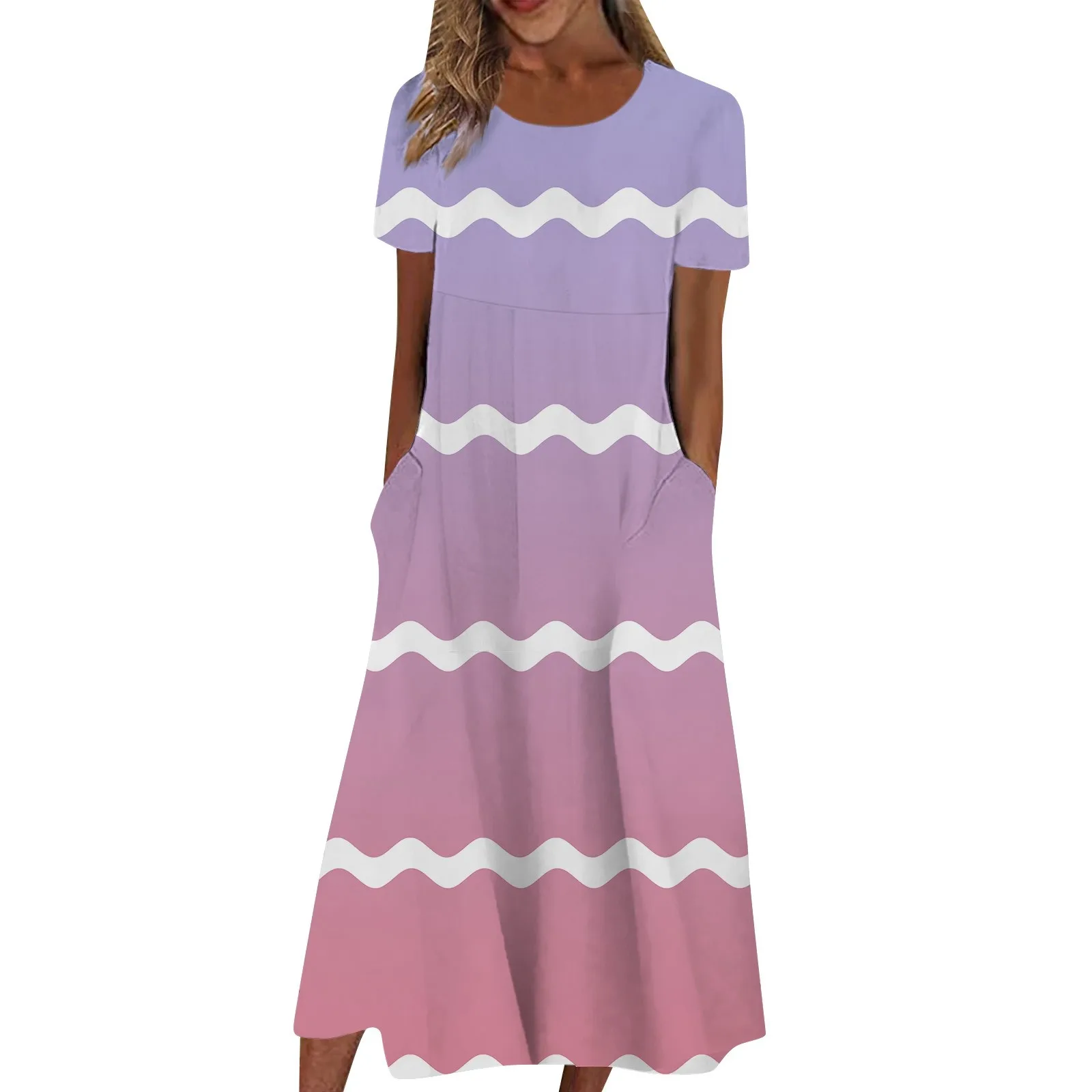 

Women's Casual Short Sleeve Striped Print Round Neck Split Hem Tee Dress Ruffle Dress