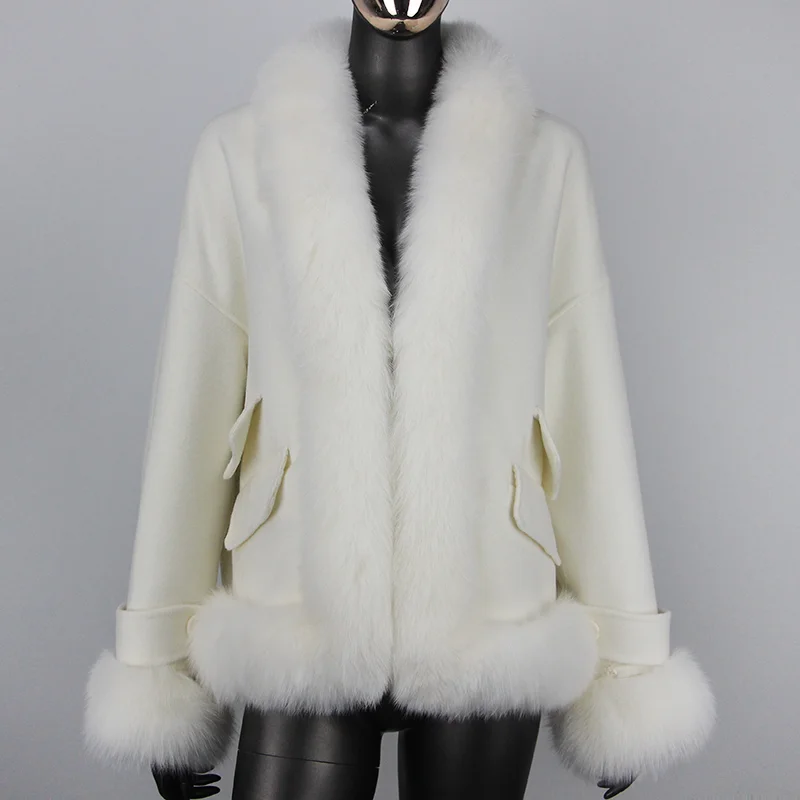 

FURYOURSELF New Women Winter Jacket Double layer pocket Real Natural fox Fur Collar Luxury Cashmere Wool Blends Warm Outerwear
