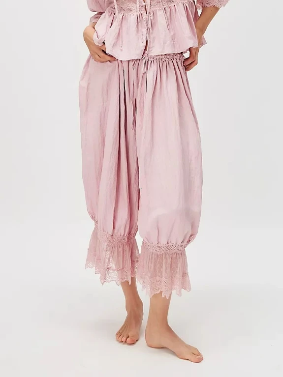 Women's Y2K Loose Fit Bloomers Cropped Pants Drawstring High Waist Floral Lace Patchwork Calf-Length Lantern Trousers