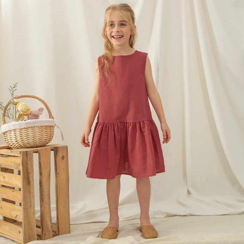 Kids Boatneck Dress   Girls' Cotton And Linen Retro Sleeveless Summer Toddler Girl Ruffled Casual Knee-length Loose Pleated Linen Dresses in Red