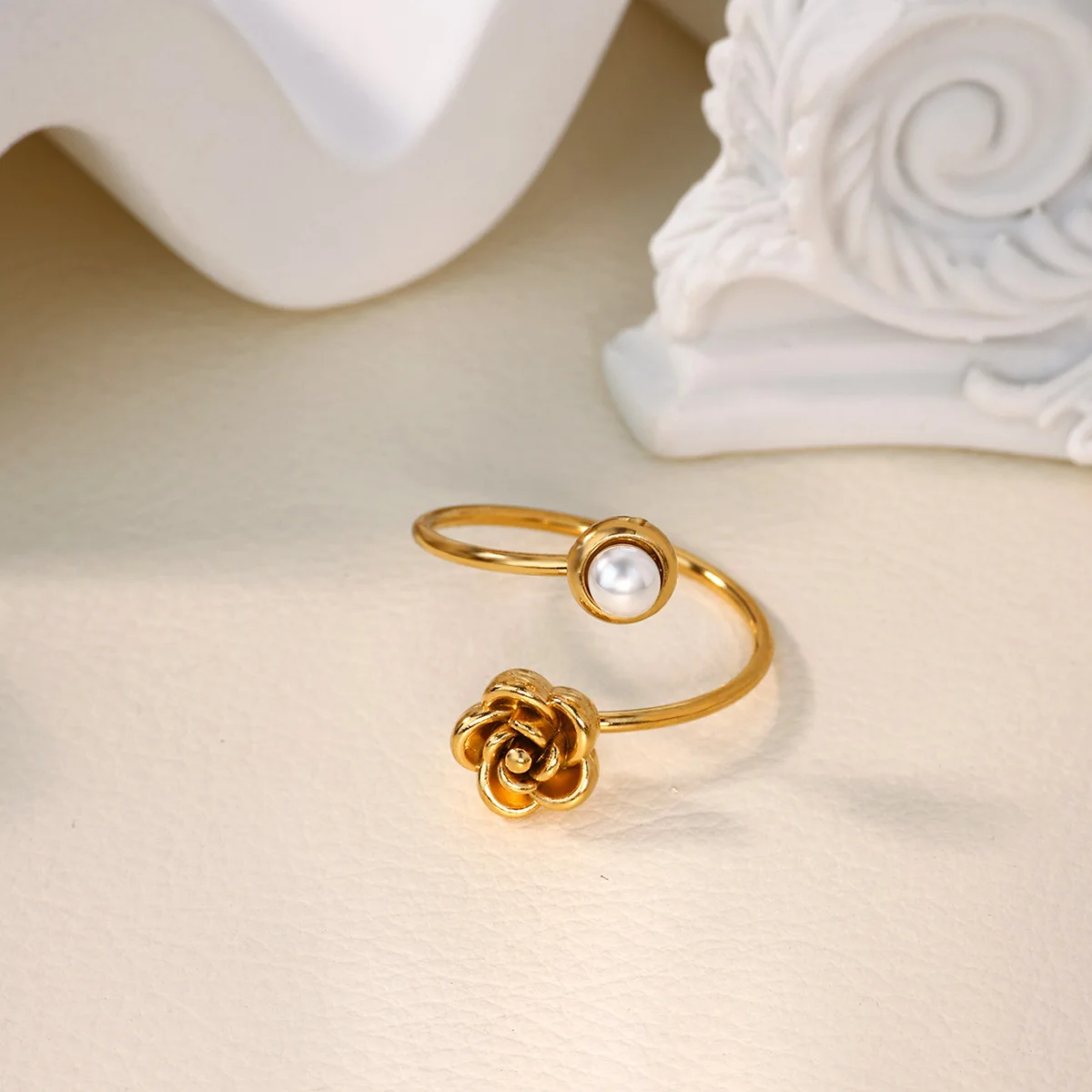Elegant Pearl Rose Rings Women Gold Stainless Steel Adjustable Aesthetic