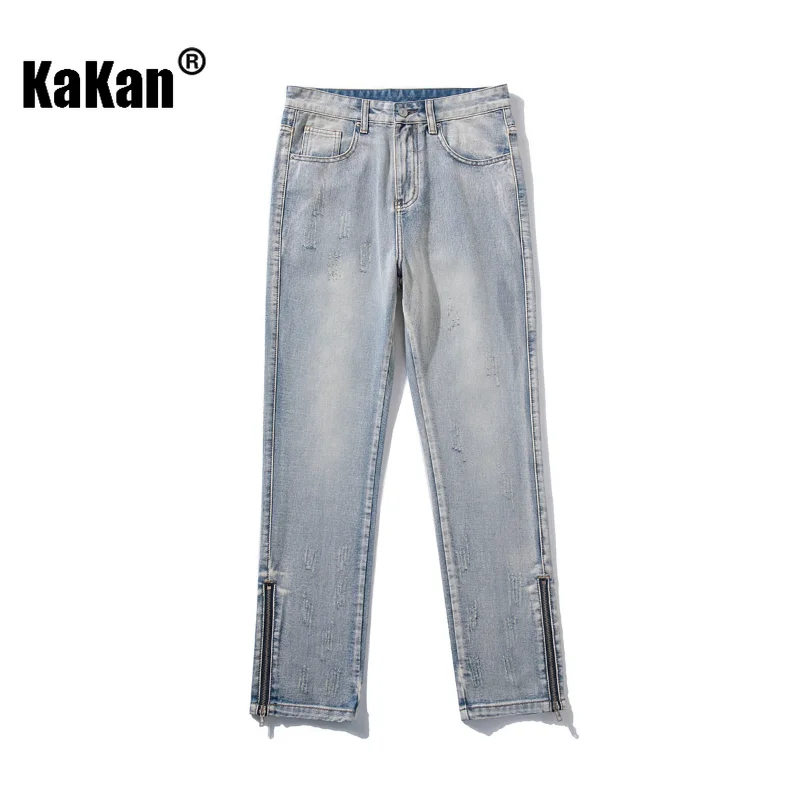 Kakan - New Side Split Street Jeans, Zippered Men's Buckle Straight Conduit Long Jeans K29-N693