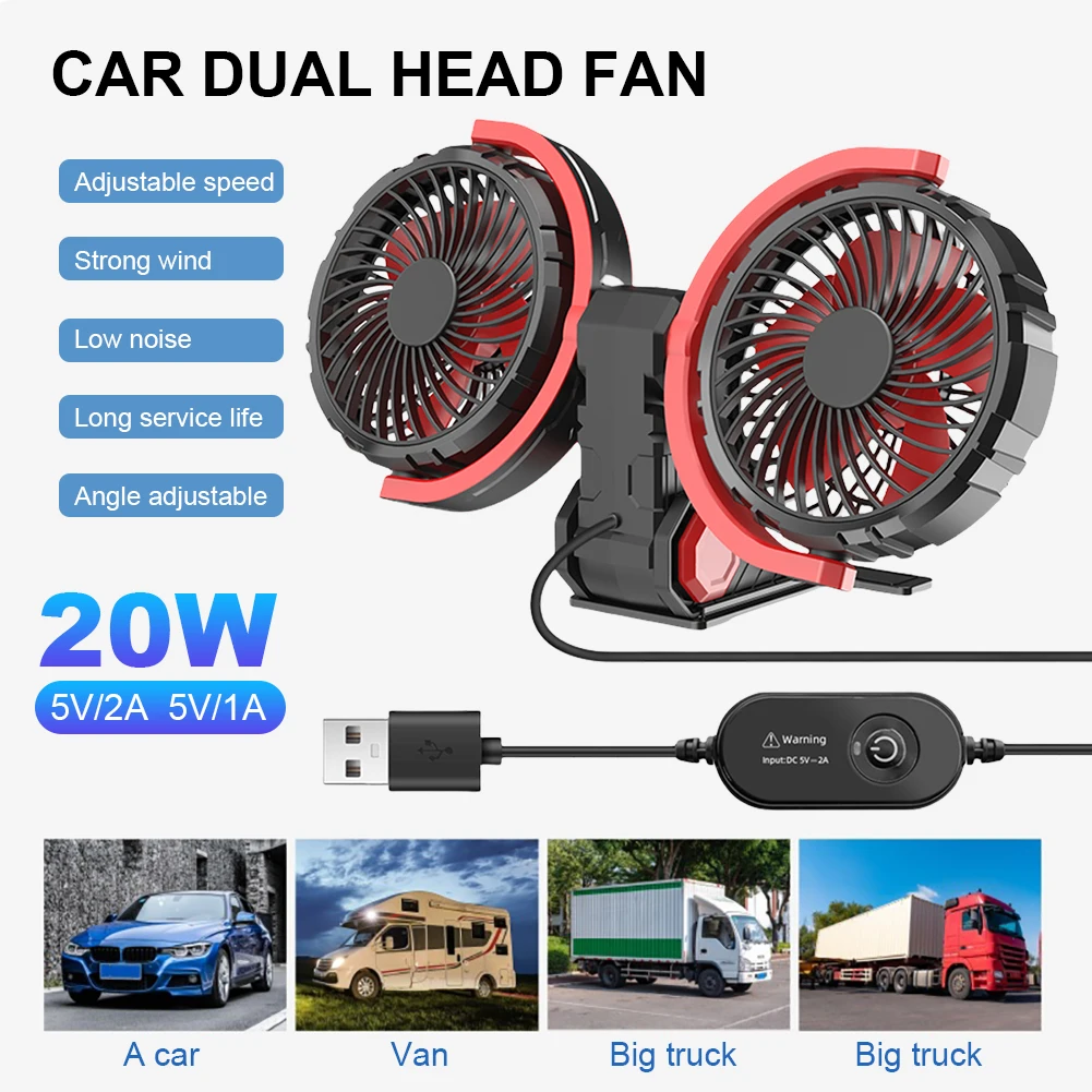 

Double Head Air Cooling Fan 3 Speeds Foldable Air Circulation Fan USB Powered Auto Cooler Low Noise 360 Adjustable for Sedan RV