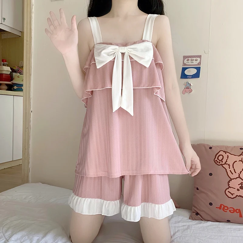New summer suspenders shorts pajamas women's thin bows sweet and cute casual home clothes two-piece solid color suspenders