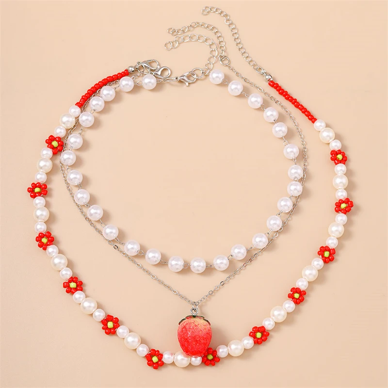 3 Teile/satz Mode Handgemachte Perlen Halsketten für Frauen Koreanischen Stil Erdbeere Anhänger Halsketten Mädchen Party Festival Schmuck Geschenke – Detail 8