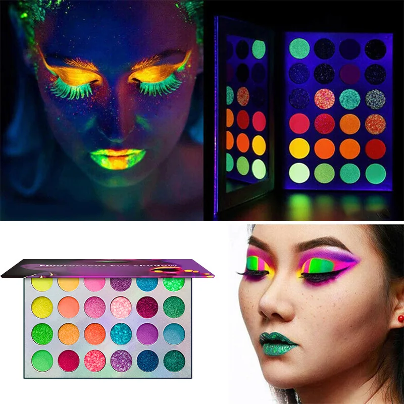 24 Colors Neon Eyeshadow Palette Glow UV Blacklight Makeup Eye Shadow  Pallet Lipstick for Luminous Party Bar Birthday Christmas - AliExpress