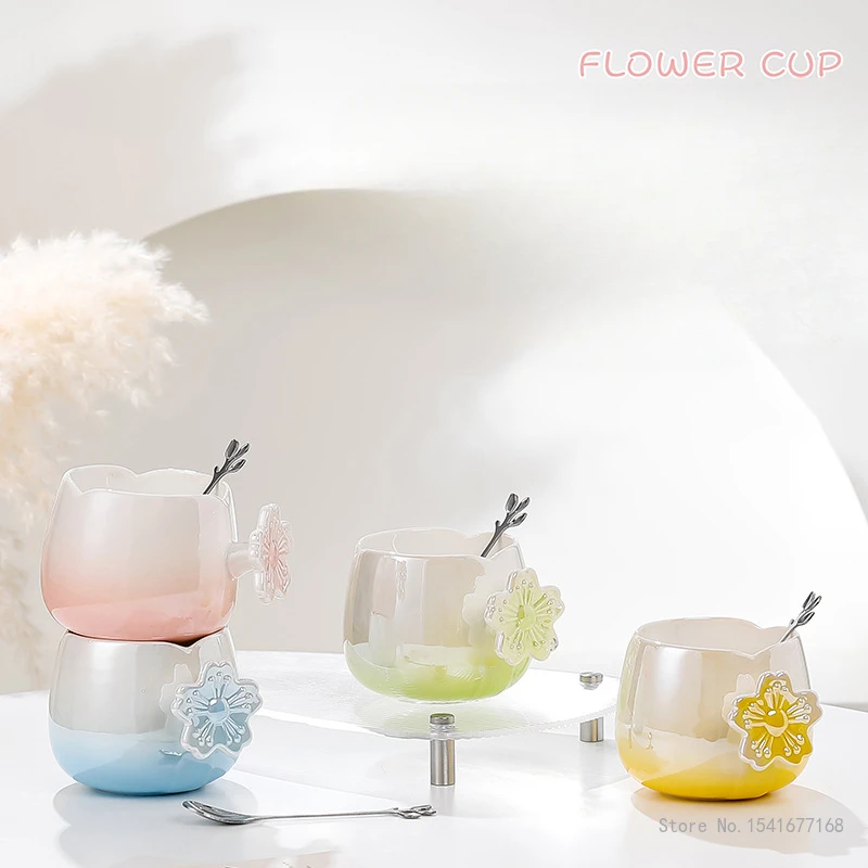 Creative Ceramic Gradient Pearl Glaze Flower Coffee Cup with Spoon Home Office Supplies High Beauty Breakfast Milk Water Mug 1Pc