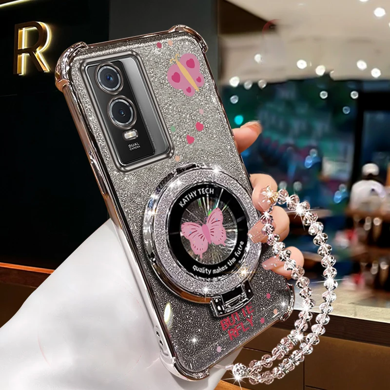Glitter Butterfly Phone Holder Case with Strap