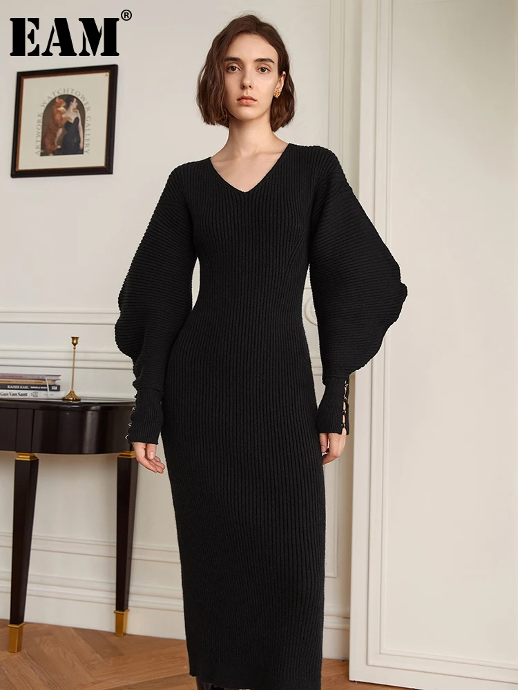

[EAM] Women Black Knitting Elegant Long Dress New V-Neck Lantern Sleeve Loose Fit Fashion Tide Spring Autumn 2024 1DH2035