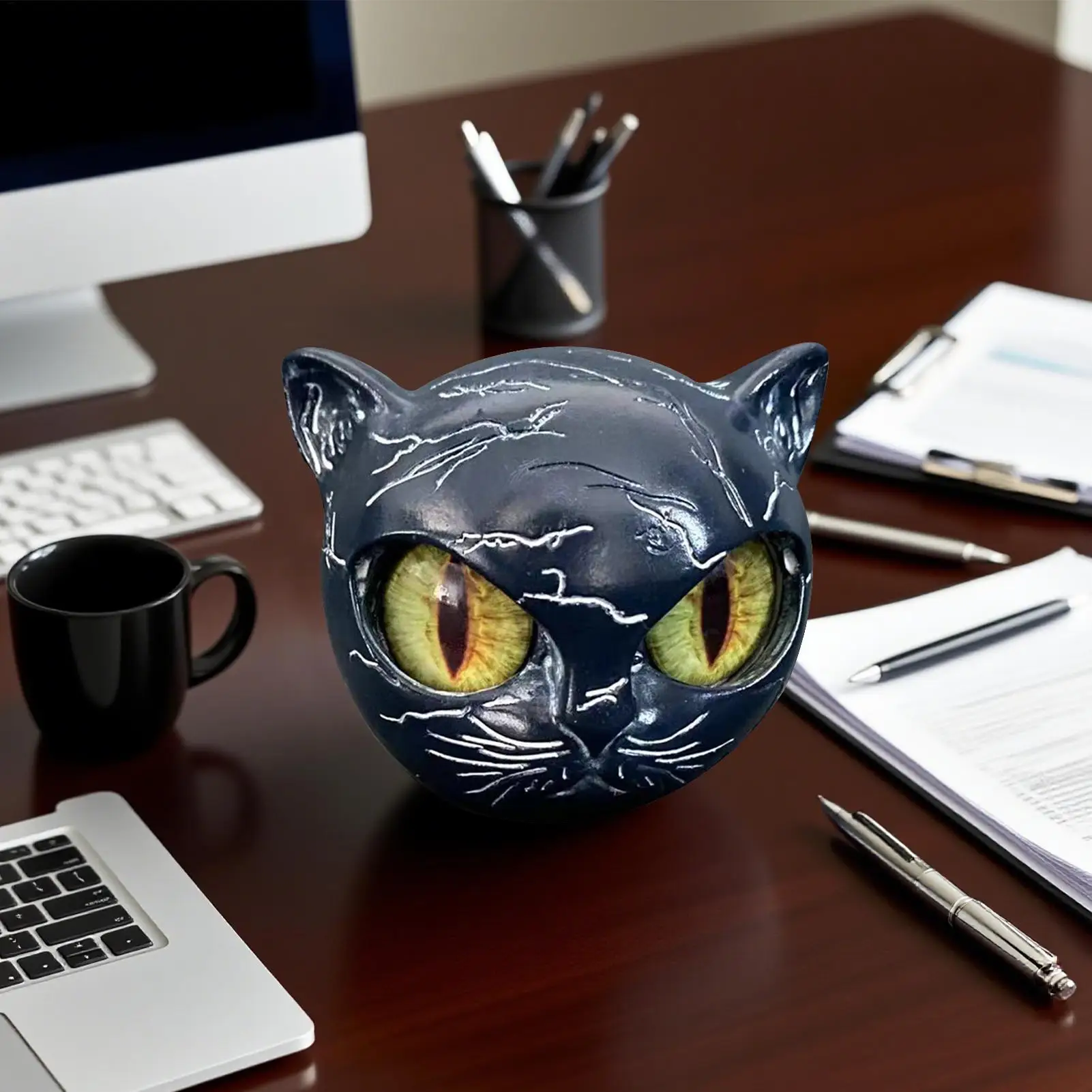 Luxury Black Cat Stone Sculpture Creative Mini Resin Cat Head Desktop Decorations Marble Texture Cat Stone Gifts For Cat Lovers