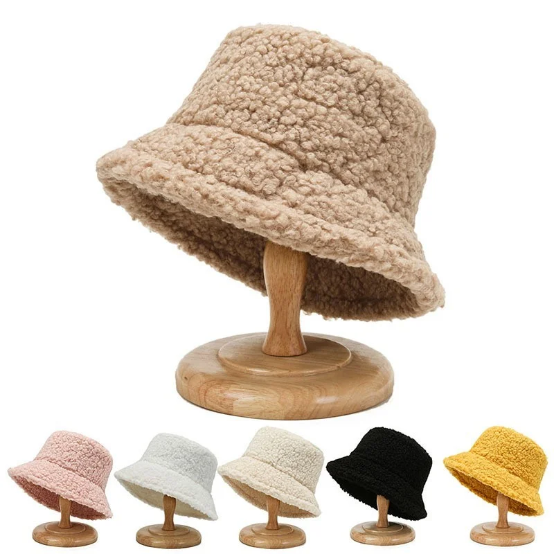 Fisherman Hat Fishing Hats Winter Warm Bucket Hats Lamb Wool Faux Fur Fisherman Caps Women Thicken Plush Hats Outdoor Keep Warm Fishing Caps Unisex