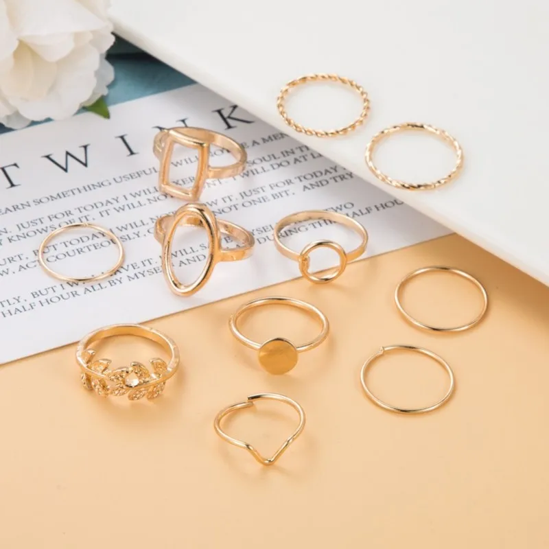 11pcs/set Creative Geometric Leaves Open Rings for Women Geometric Trendy Ring Party Jewelry Accessories Wholesale