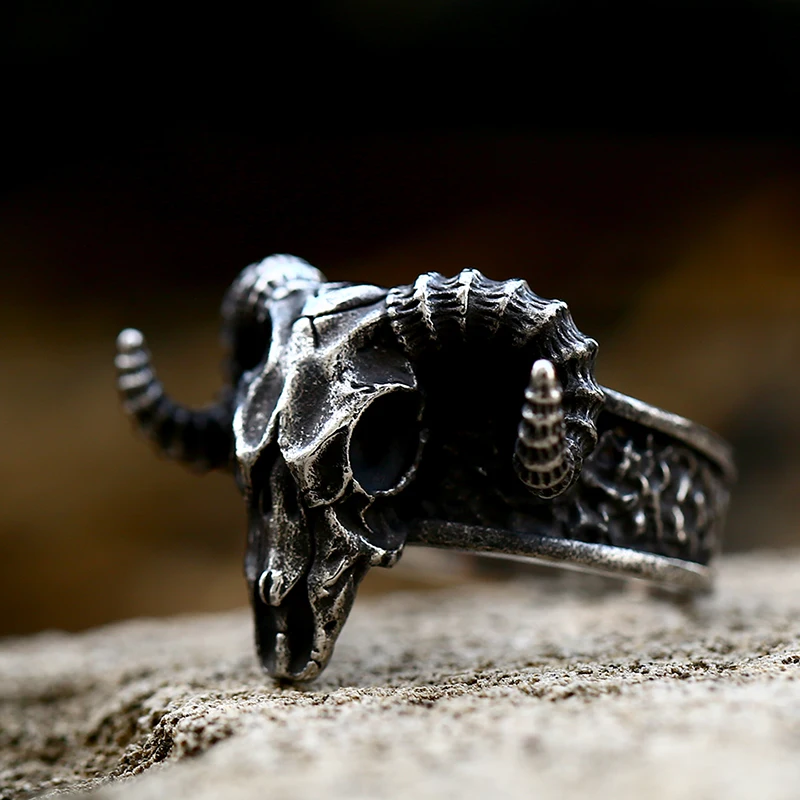 Stainless Steel Ring Finger Ring Opening Ring Beier 316L Stainless Steel Nose Viking Ancient Dish Sheep Head Skull Man Ring Vintage Opening Animal Jewelry BR8-042
