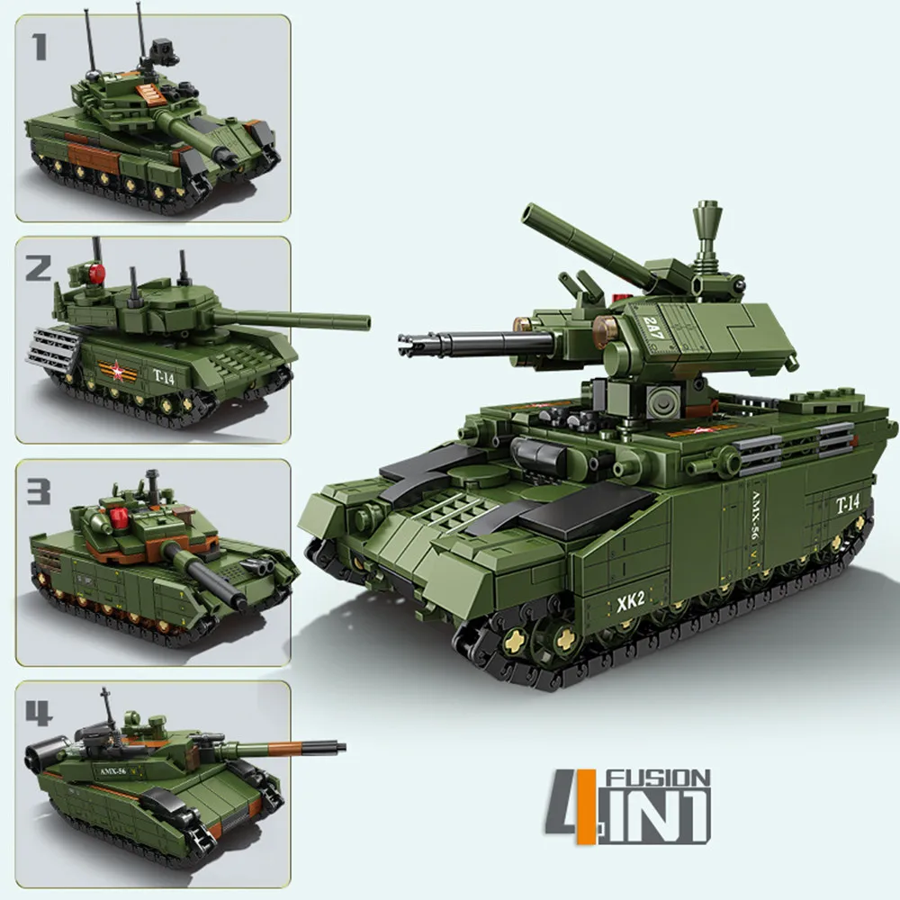

4 в 1 BMPT Танк военный блок DIY Мини Леопард 2A7 T-14 K2 поколение Строительные Кирпичи Игрушка для мальчиков Дети