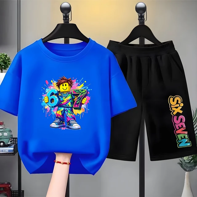 Ensemble de t-shirts blancs pour enfants, impression numérique, manches courtes + short, été, garçon, fille, tout-petit, 3-12 ans, ensemble décontracté et tendance 1