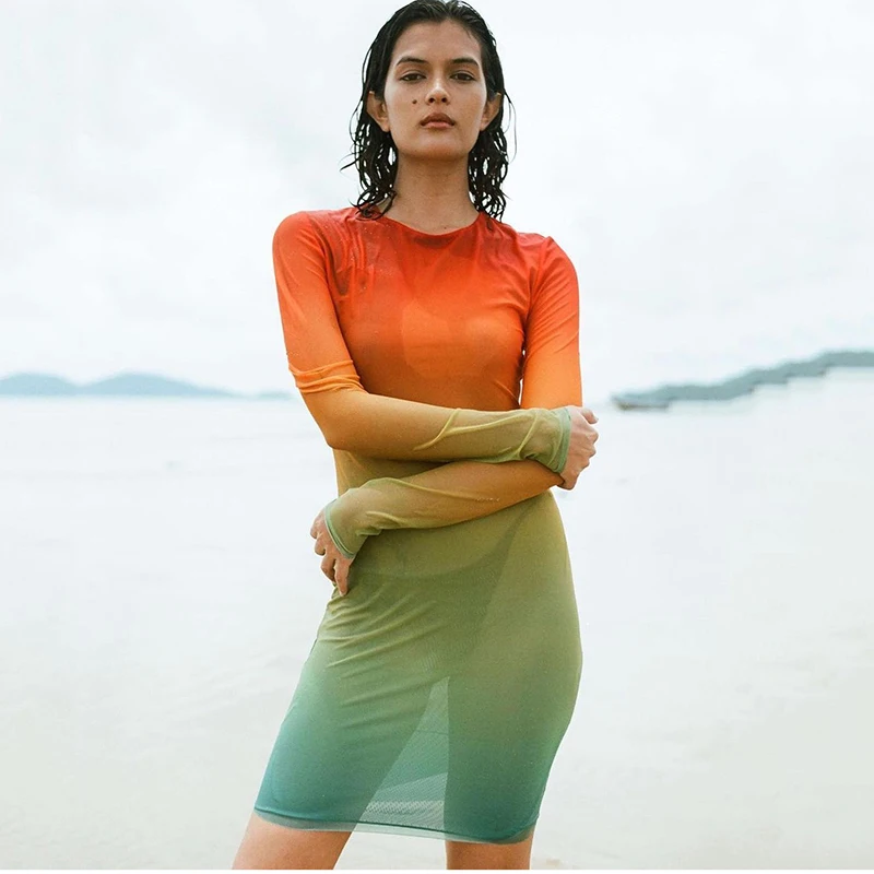 

Fashionable Gradient Color Round Long Sleeve Dress Temperament Casual Double Layer Mesh Womens dresses 2023 Summer New