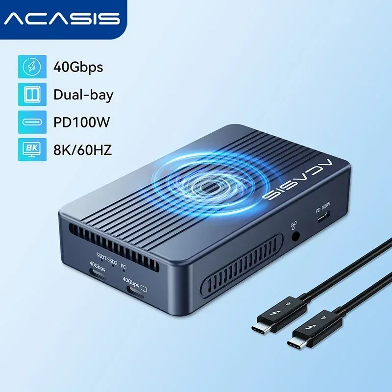 Acasis 40Gbps USB-C Docking Station Dual-bay Thunderbolt M.2 NVME SSD Case Raid Mode HDMI 8K 60HZ PD100W Hub For Video Editing
