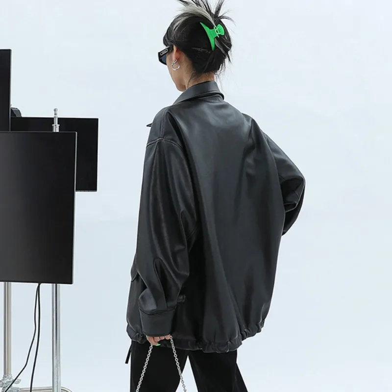 Oversized Casual Waterproof Outwear for Women, Soft PU Leather Jacket, Drop Shoulder, Long Sleeve, Black, Fashion, Autumn, 2024