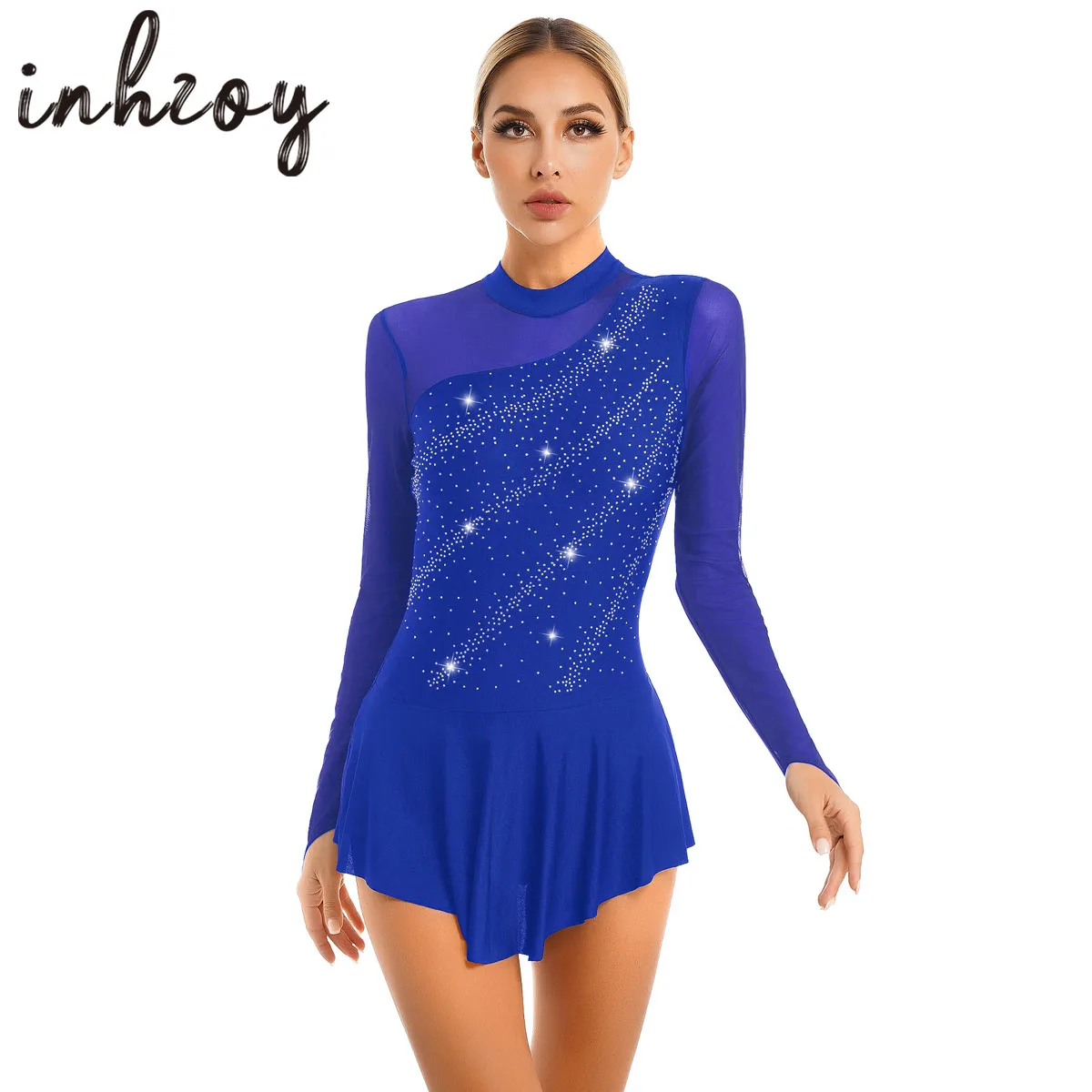 Women Shiny Rhinestone Ballet Dance Dress Long Sleeve Gymnastics
