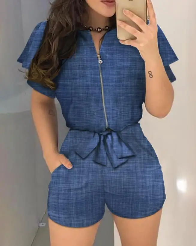 

Summer Outfits for Women 2023 Fashion Denim Look Print Zipper Design Top & Casual Two Piece Set Shorts Set Streetwear OTTD