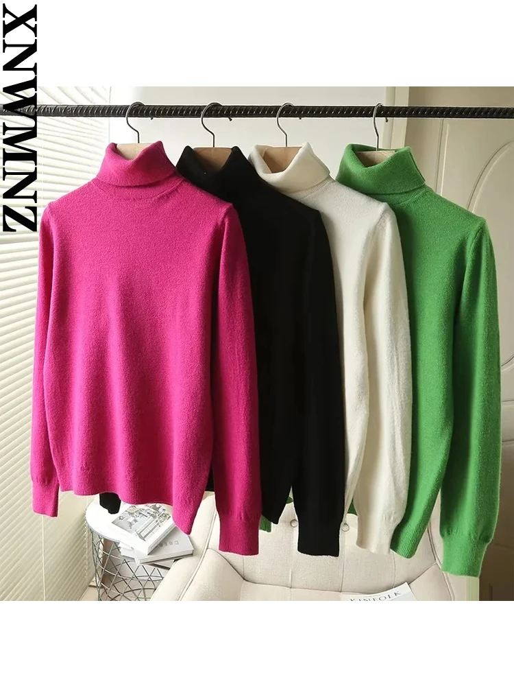 

XNWMNZ 2023 Women Fashion Wool Blended Knitted Sweater Woman High Neck Long Sleeve Slim Fit Undercoat Female Chic Pullover