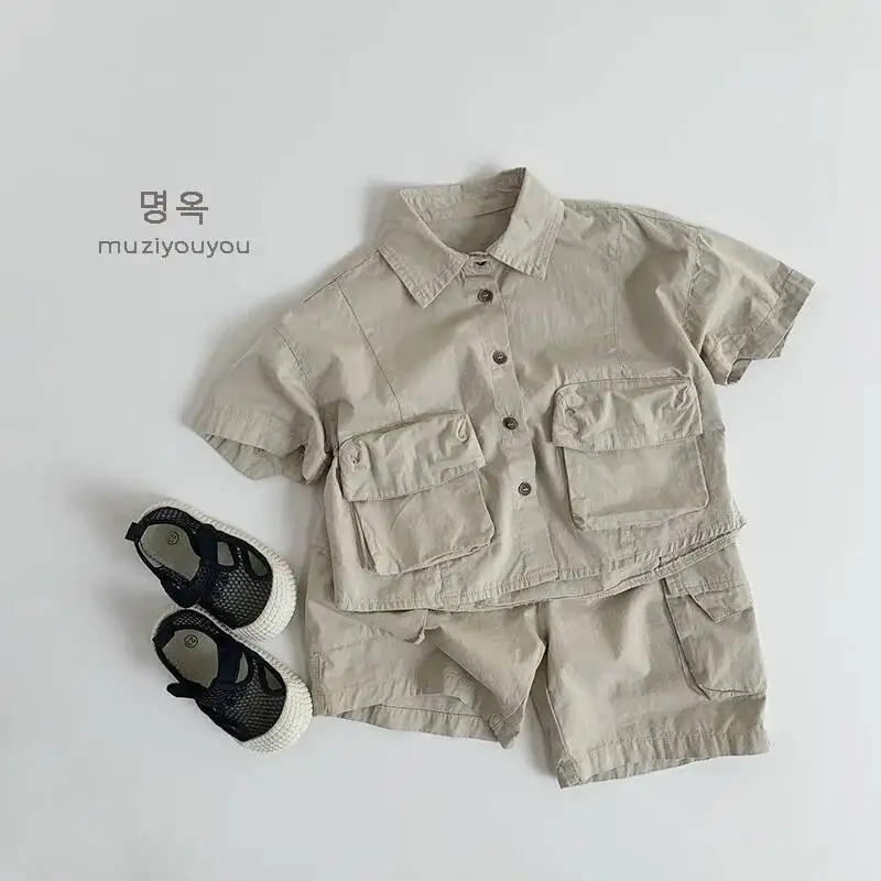 Frühling Sommer Kinder Shirts 1-8Y Jungen Baumwolle Gespleißt Taschen Kurzarm Cargo Tops Koreanische Kleinkind Tragen Für Kinder Kleidung Neue – Detail 6