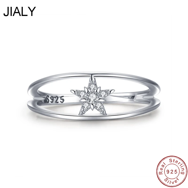 

JLY Fine European Clear CZ Star Double Circle S925 Sterling Silver Ring For Women Birthday Party Wedding Gift Jewelry