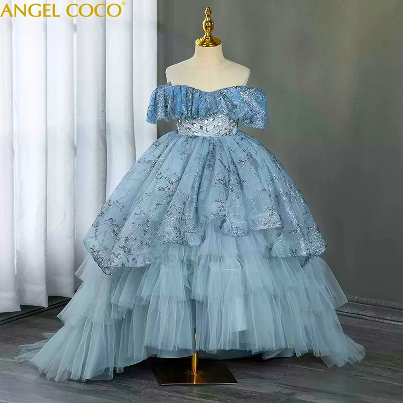 

New Pretty Flower Girls Dresses Ruched Tiered Ice Blue Puffy Girl Dresses for Wedding Party Gowns Plus Size Pageant Dresses