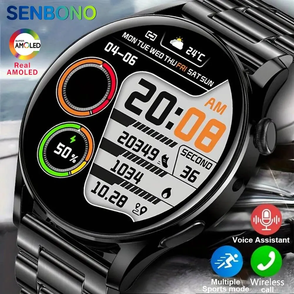 SENBONO 2024 AMOLED Men's Smart Watch 1.43 Inch Large Screen Sport Watch 24H Real-time Heart Rate Bluetooth Call Smartwatch Men