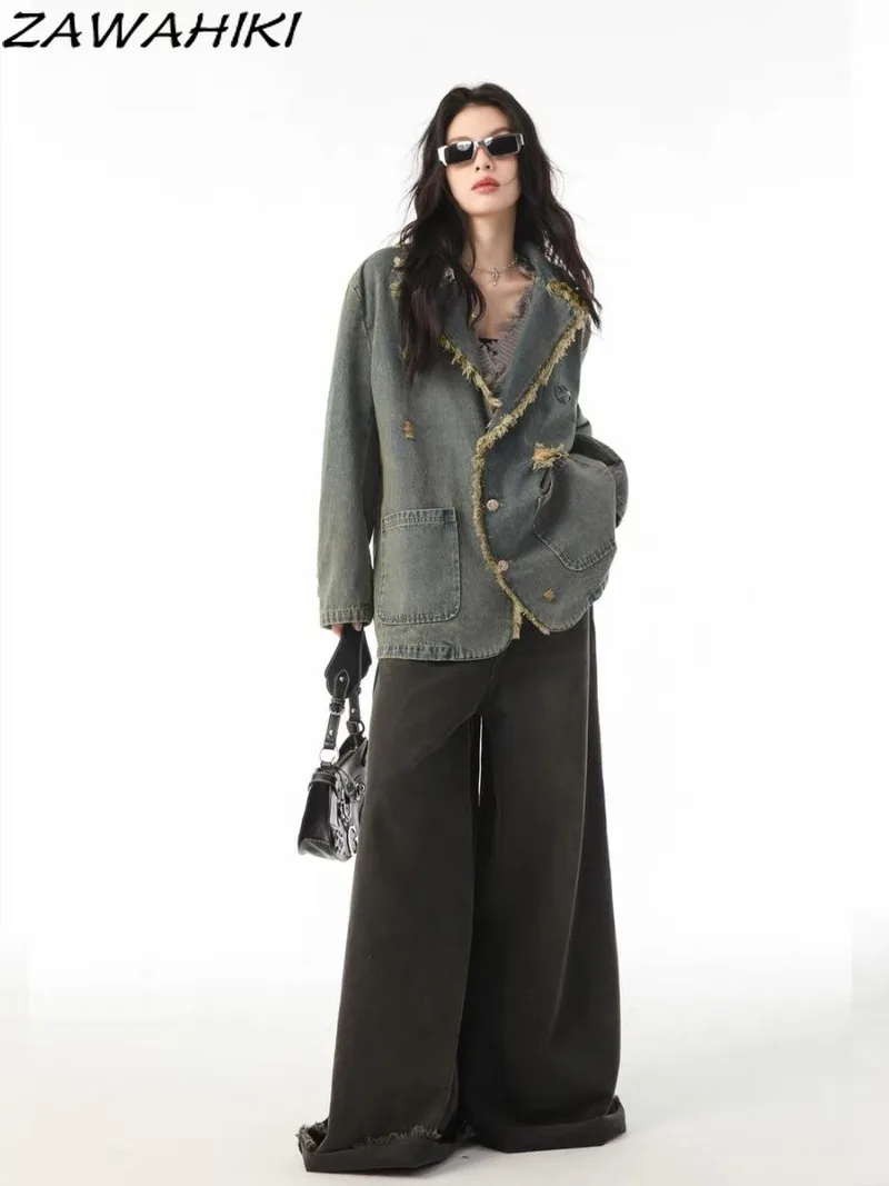 

ZAWAHIKI Denim Jacket Women American Retro Distressed Frayed Hole Solid Color All Match Casual Loose Frayed Button-up Outwear