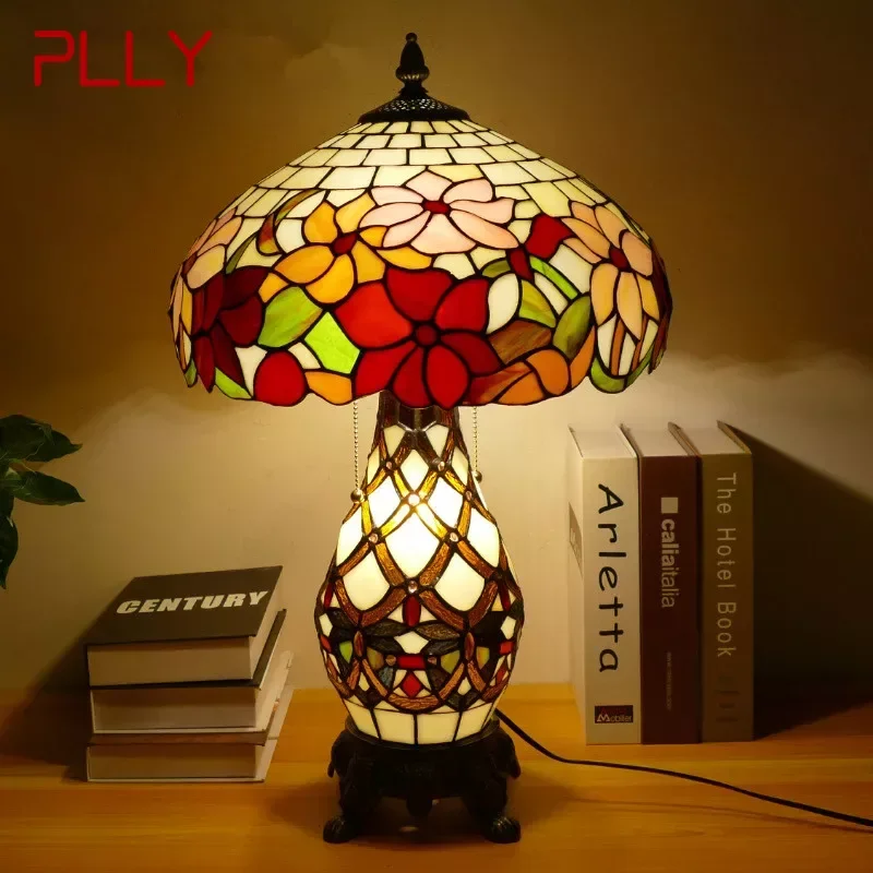 

PLLY Tiffany Table Lamp American Retro Living Room Bedroom Lamp Luxurious Villa Hotel Stained Glass Desk Lamp