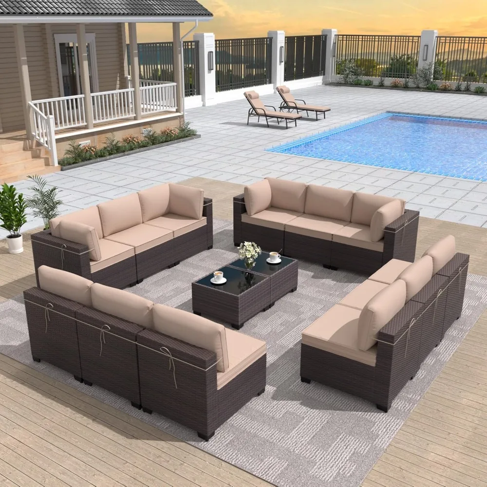Patio Furniture Set Sectional Sofa Sets Brown PE Rattan Patio Conversation Set w/12 Khaki Seat, Garden Sofas 2