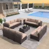 Patio Furniture Set Sectional Sofa Sets Brown PE Rattan Patio Conversation Set w/12 Khaki Seat, Garden Sofas 2