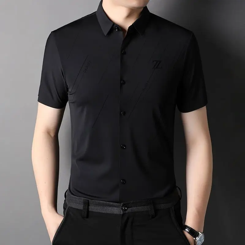 

New in Shirts for Men Vintage Lapel Business Casual Summer Short Sleeve Button Letter Printed Embroidery Fashion Tops