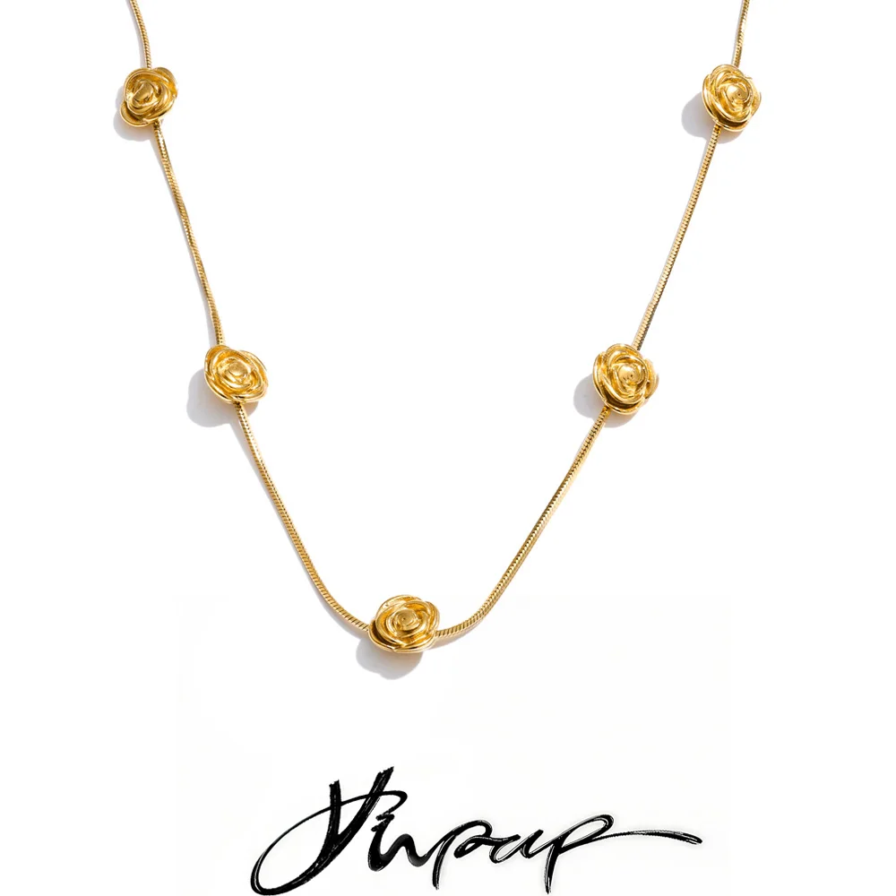 Yhpup Stainless Steel Flower Chain Collar Necklace for Women