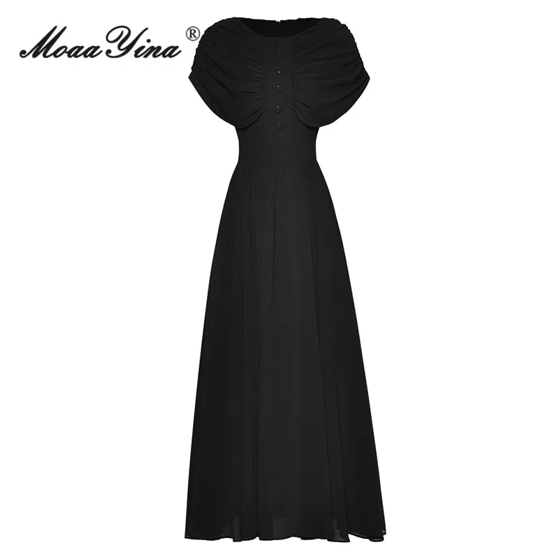 

MoaaYina Fashion Designer dress Summer Women Dress Black O-Neck Trim Shirred Flounces Sleeve High Waist Button Big Swing Dress