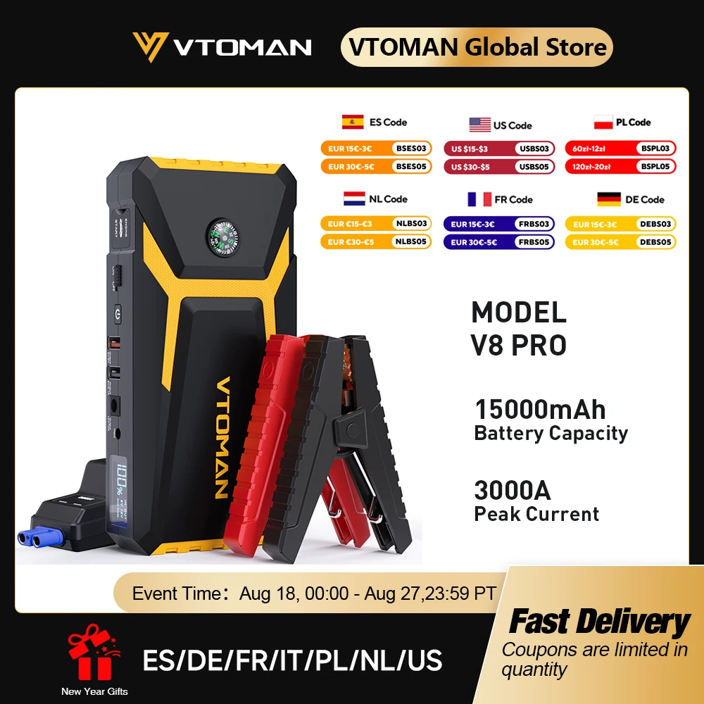 VTOMAN V8 Pro 3000A Car Jump Starter Power Bank 55.5Wh Car Starting Device Fast Charging Battery Charger Booster