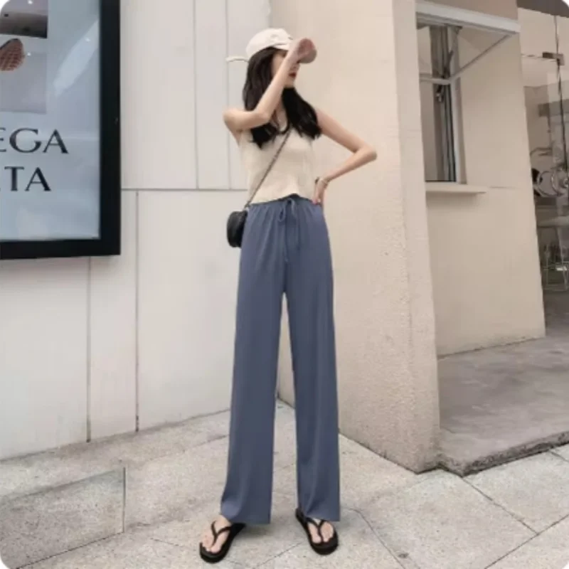 Popular ice silk threaded wide-leg pants for women summer thin high-waist draped new straight casual sun protection pants