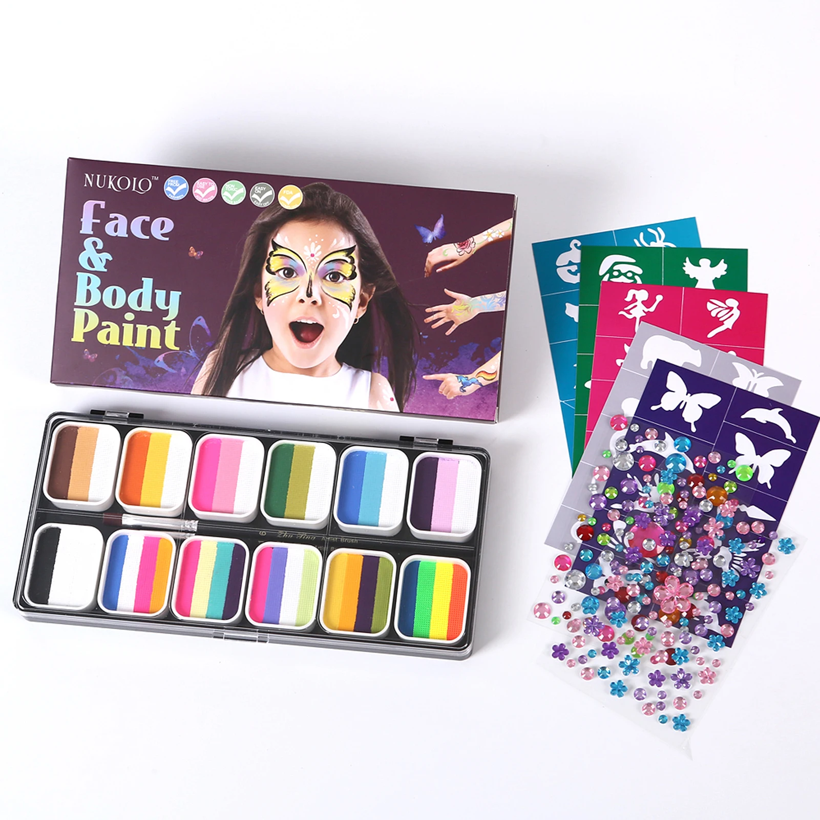 Paint Palette Set 12 Colors with 6 Paintbrushes for Professional Face Split Cakes