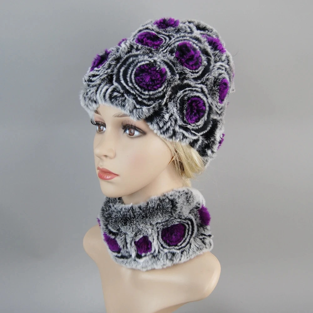 Fashion Girl Fur Cap Scarf Suit 100% Genuine