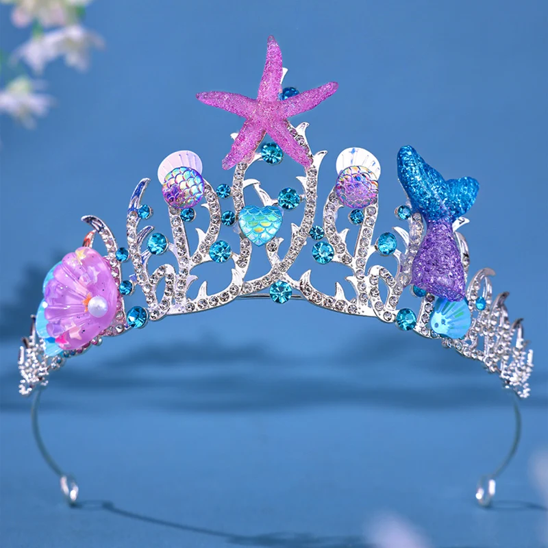 Women Starfish Shell With Rhinestone Crown Mermaid Fish Crown Ocean Style Costume Hair Accessories Princess Birthday Party Tiara